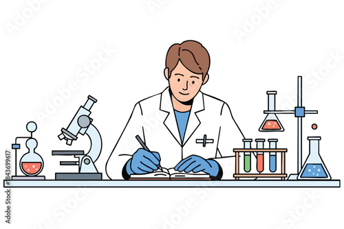 Cartoon scientist in lab coat writes in notebook, surrounded by equipment
