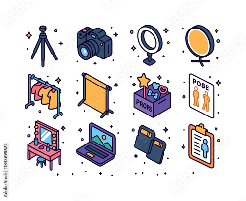 Fashion Photoshoot Icons. Fashion photoshoot items. Colorful iso