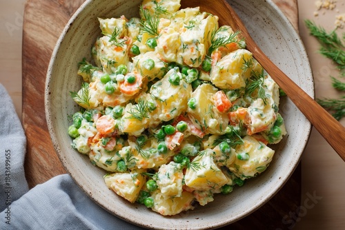 Top-Down View of Rustic Bowl of Olivier Potato Salad with Dill Garnish