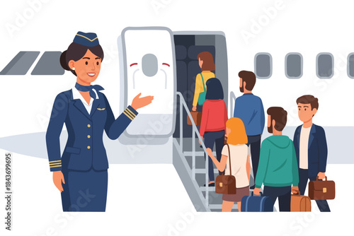 A stewardess welcomes passengers boarding an aircraft with stairs