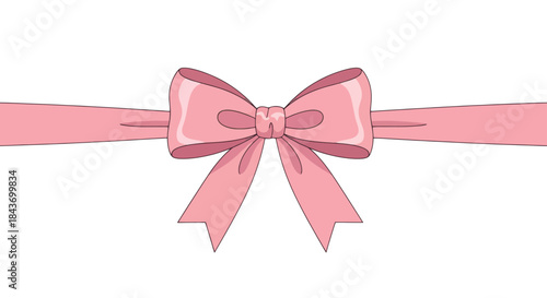 A simple pink bow tied on a ribbon for decoration or gift wrapping on a white background