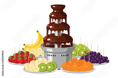 A chocolate fountain with various fruits strawberries, bananas, kiwi, grapes, and oranges