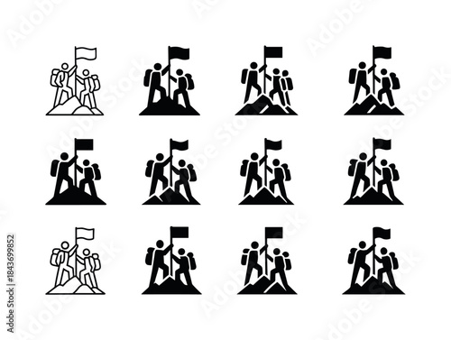Summit Celebration Logos. A group of hikers at the summit of a m