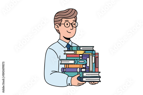 A smiling man, wearing glasses, holds a large stack of colorful books, on white