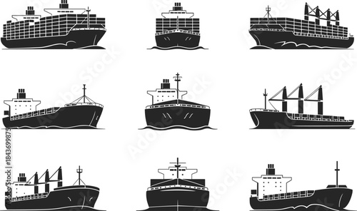 Cargo ship silhouette vector collection, container vessels, freight transport boats, black maritime shipping icons for logistics design projects