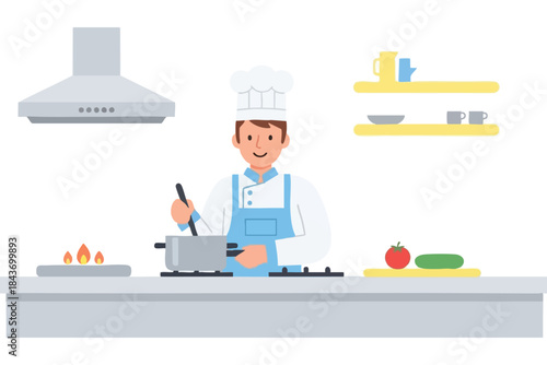 A smiling chef stirs a pot on a stove, kitchen items nearby