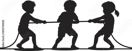 Children tug of war silhouette illustration, kids teamwork game activity, black vector design for education, sports, play concept projects