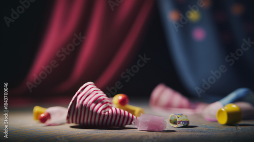 Circus clown props and colorful toys scattered playfully on a stage floor. event programs, museum guides, designed for cultural heritage projects and event programs.