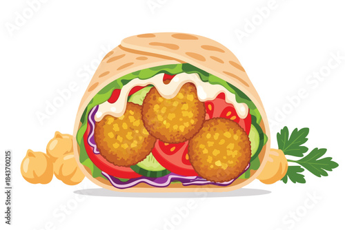 A wrapped falafel sandwich with veggies, sauce, and chickpeas