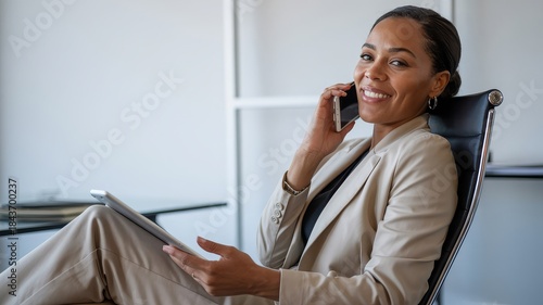 A smiling businesswoman in a tan suit sits in an office chair, talking on her phone and holding a tablet.