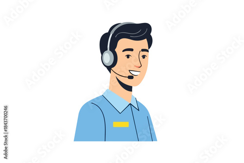 A smiling man wearing a headset and blue shirt with a yellow name badge