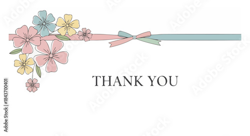 Elegant Floral Ribbon Thank You Card with Pastel Colors - Vector Illustration