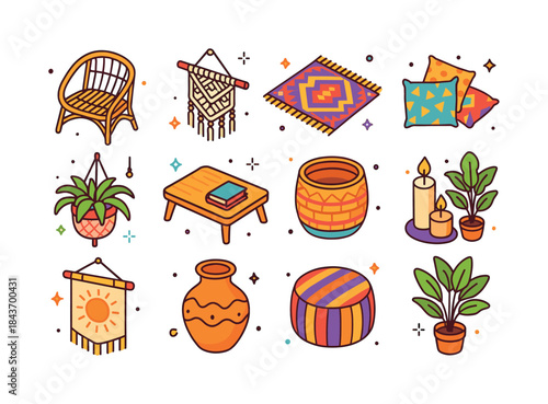 Boho Living Room Icons. Boho living room. Colorful isometric vec