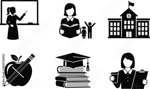 Education icon set silhouette, teacher student school learning symbols, academic knowledge illustration collection for education design projects