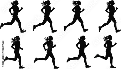 Female runner silhouette sequence vector set, woman jogging running poses, black fitness sport icons for training design projects