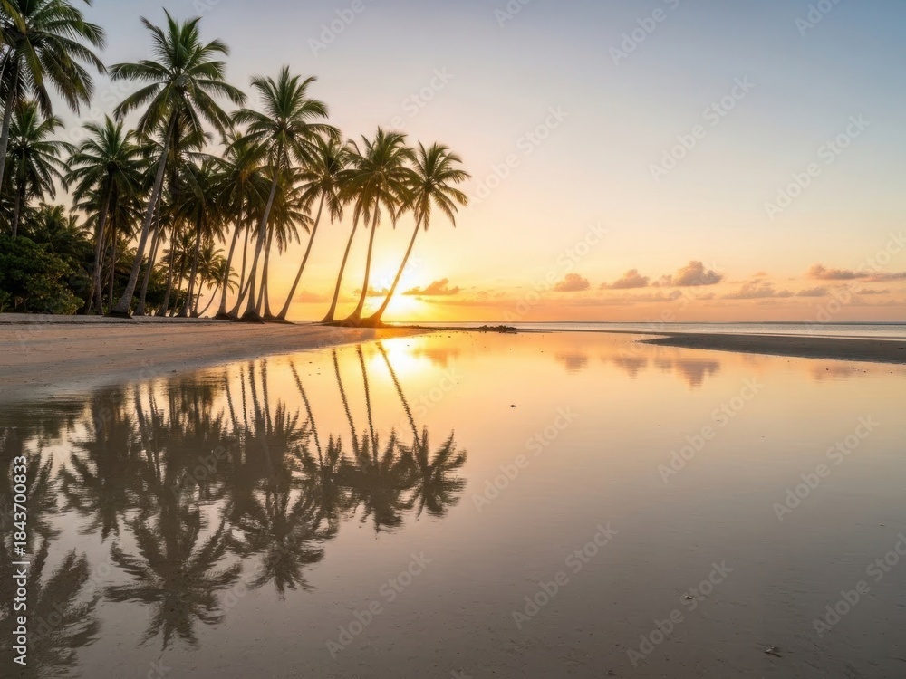 Fototapeta premium Tropical beach sunset with palm trees and reflection