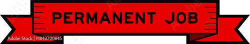 Red ribbon label banner with word permanent job on white background
