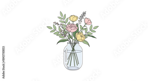 Simple illustration of a mason jar filled with a bouquet of delicate flowers, soft pink and yellow blooms with green foliage