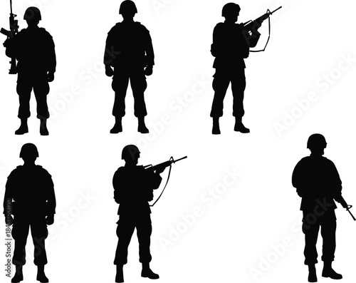 Military soldier silhouette collection vector set, armed army troops standing poses, tactical combat icons for defense security design