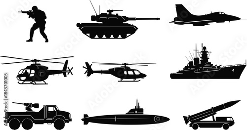 Military vehicle silhouette icon set, army soldier tank aircraft helicopter warship submarine missile launcher, black defense vector illustration collection