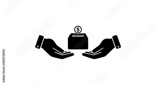Hand holding coin box black white icon 