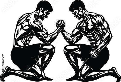 Muscular athletes arm wrestling duel, strength training concept illustration, fitness competition silhouette, bodybuilding power challenge artwork, black and white vector