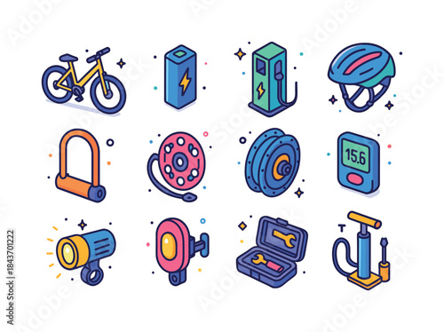 Electric Bicycle Icons. electric bicycles. Colorful isometric ve