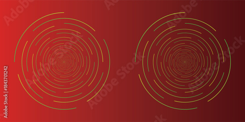 Set of 2 abstract fantasy red and gold whirpool surround golden star bordered by half of whites twinkle points as sparkling stars , snow or spotlight and golden ring background.