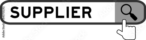 Search banner in word supplier with hand over magnifier icon on white background