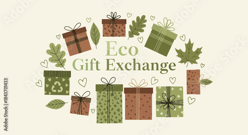 Eco Gift Exchange with Decorative Green and Brown Presents and Leaves for Holiday Blogs, Sustainable Gifting Websites, Eco-friendly Awareness, and Social Media Content