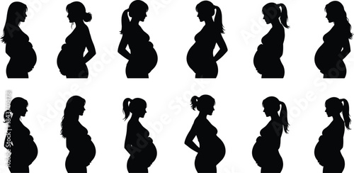 Pregnant women silhouette collection, maternity stages profiles, expecting mother poses, black pregnancy icons for healthcare, family, motherhood design