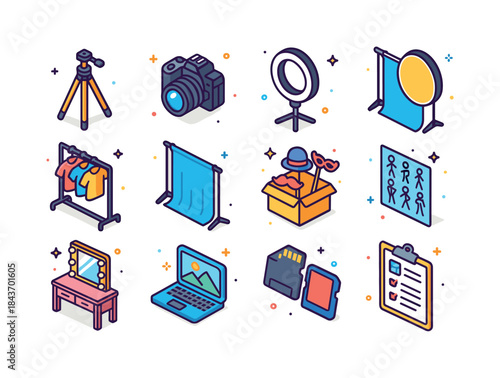 Fashion Photoshoot Icons. Fashion photoshoot items. Colorful iso