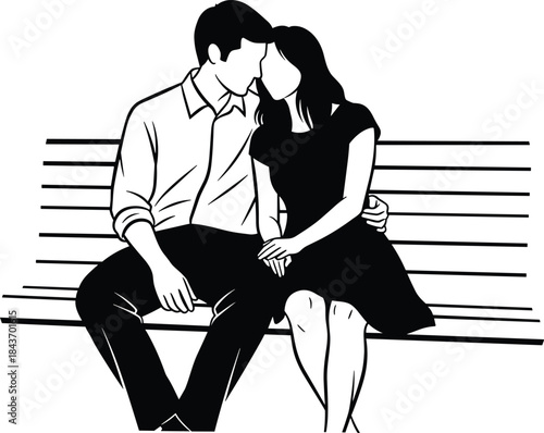 Romantic couple silhouette sitting on park bench, loving man and woman embrace, minimal black vector illustration for relationship concepts
