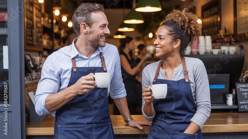 A smiling man and woman in aprons holding coffee cups and talking in a cafe.