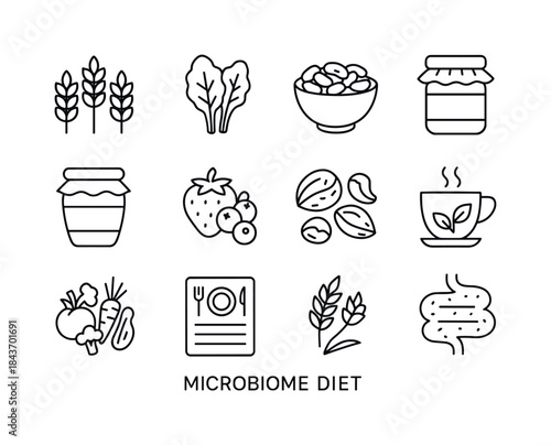 Microbiome Diet Icon Set. Microbiome diet. Line icon set of micr