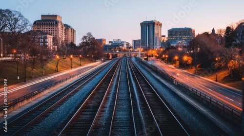 Converging railway tracks stretch toward a city skyline at dusk, glowing streetlights lining the urban rails