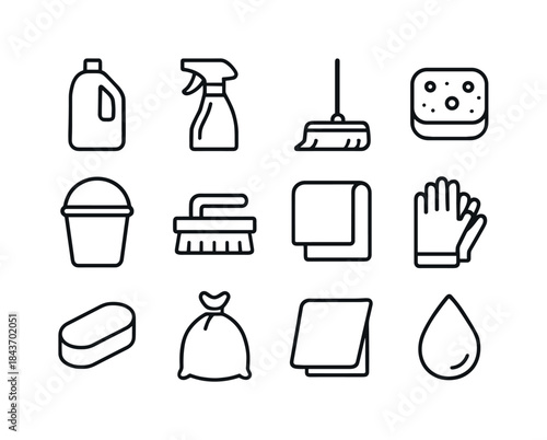 Cleaning Icons Grid. Cleaning Supplies. Line icon set of Cleanin