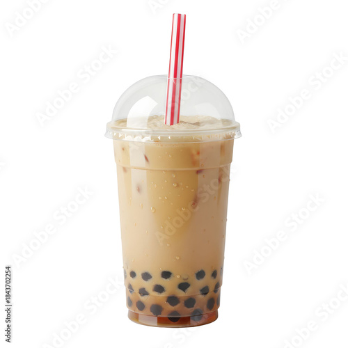 Iced Milk Tea With Tapioca Pearls and Red Straw in Clear Plastic Cup