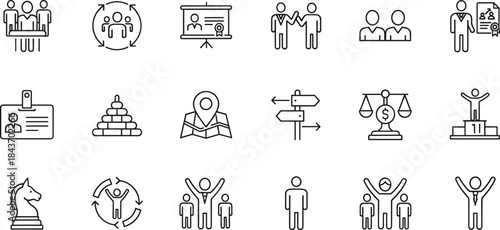 Business leadership teamwork icons set for strategy, success, planning, development, collaboration, achievement, decision-making, identity, and recognition concepts.