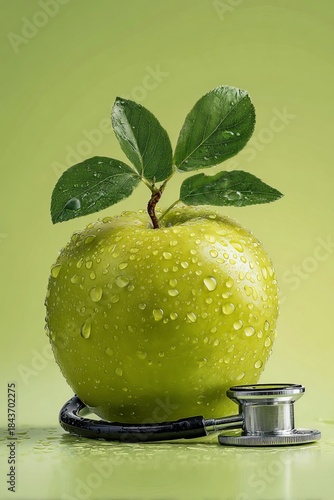 Fresh green apple with water droplets and medical stethoscope.