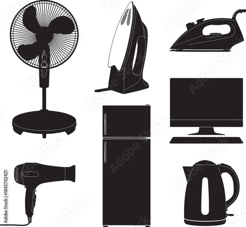 Collection of household appliances silhouettes fan, iron, refrigerator, monitor, hair dryer, and kettle
