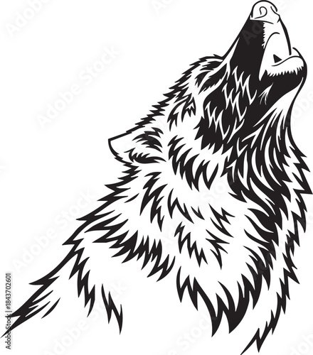 A black and white of a wolf howling with detailed fur and sharp