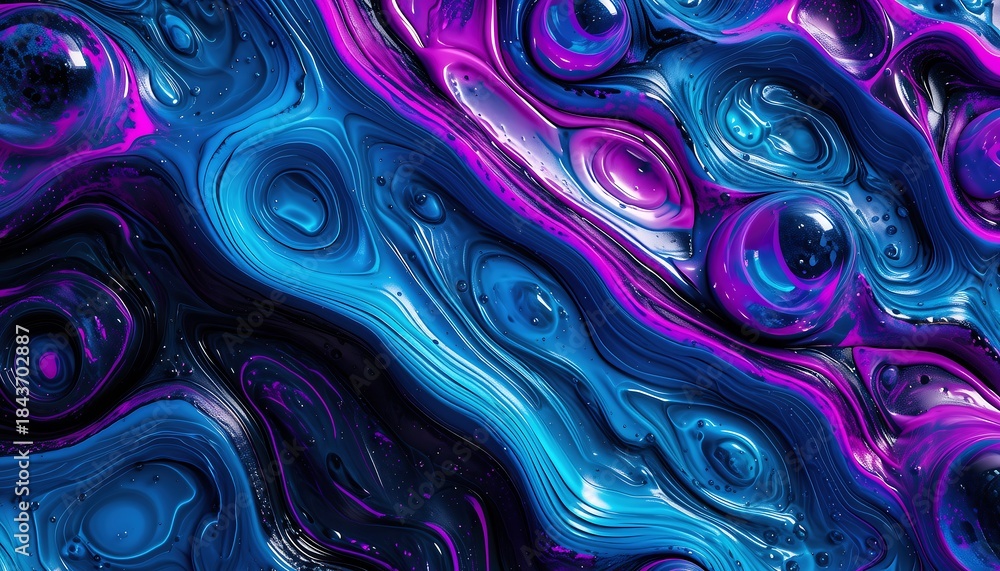 Obraz premium Vibrant Abstract Fluid Art with Electric Blue and Magenta Swirls and Bubbles image