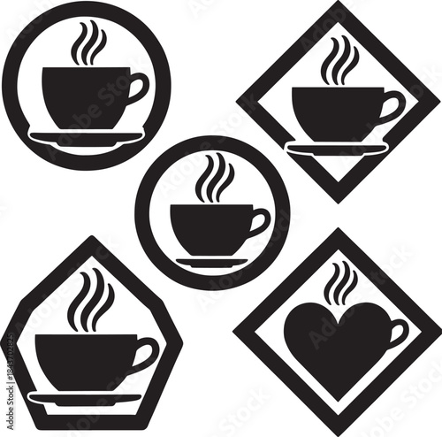 Set of five coffee cup icons in various geometric frames