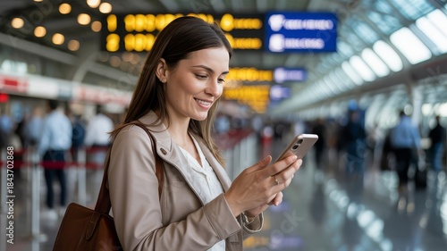 A smiling woman in a business suit uses her smartphone while standing in a busy airport terminal.