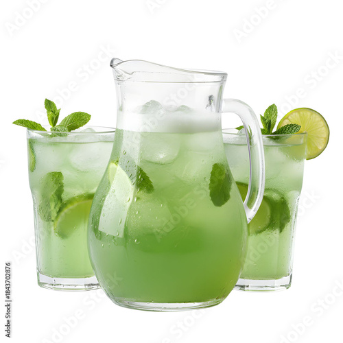 Refreshing Green Citrus Mint Drink Pitcher With Ice And Two Glasses Studio Shot With Transparent Background