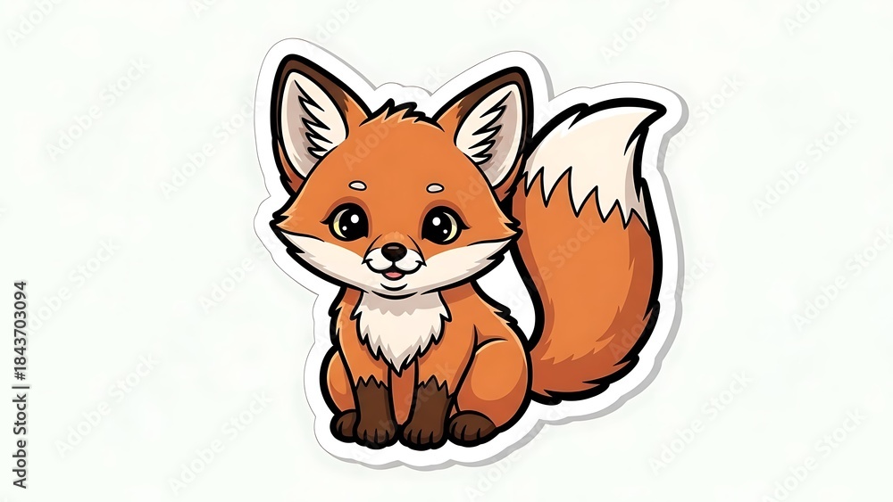 Obraz premium A cute little fox kit sitting and smiling in a cartoon sticker style illustration