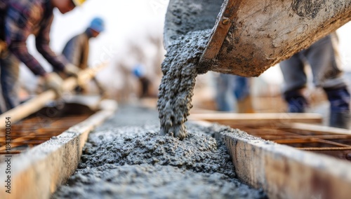 Wallpaper Mural Close-up of concrete pouring from a chute onto a form, with construction workers blurred in background Torontodigital.ca