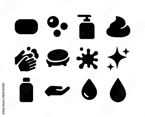 Soap Icon Set. Soap. Solid icon set of Soap: soap bar, soap bubb