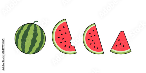 Watermelon whole and sliced showing eating progression